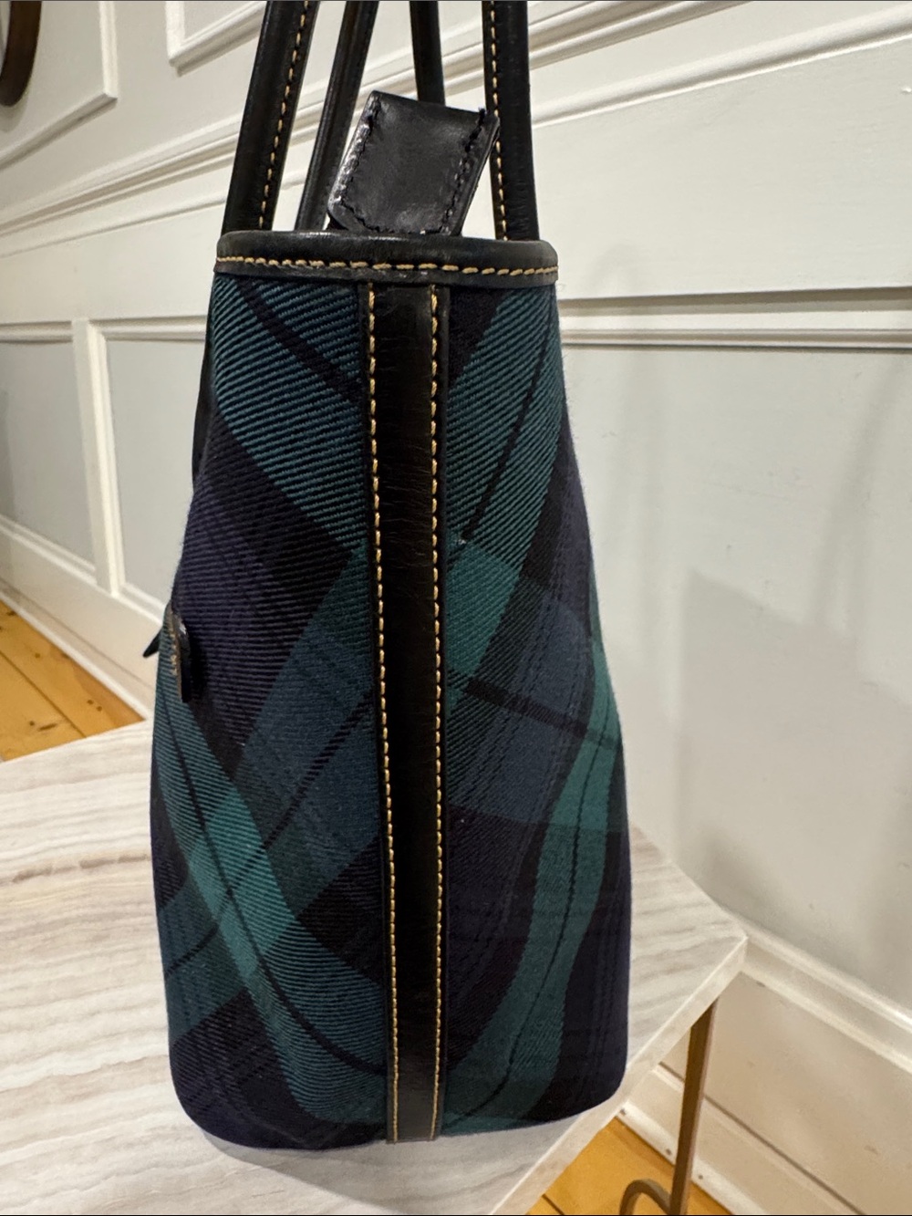 Dooney & Bourke Bag Plaid Tartan Green and Navy Tote Bag - Picture 6 of 17